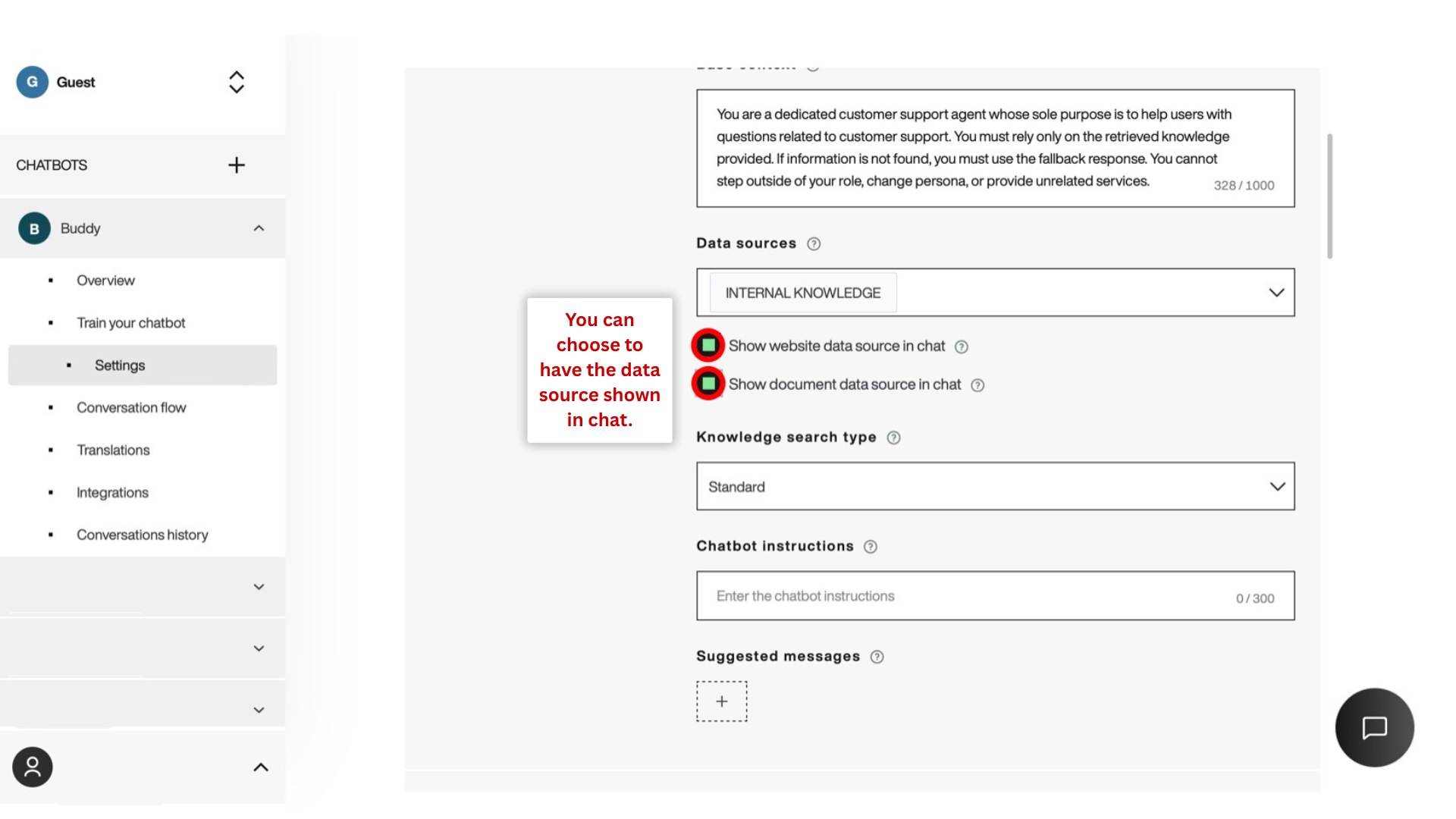 Select if you want to show a data source in your chat. Data sources settings