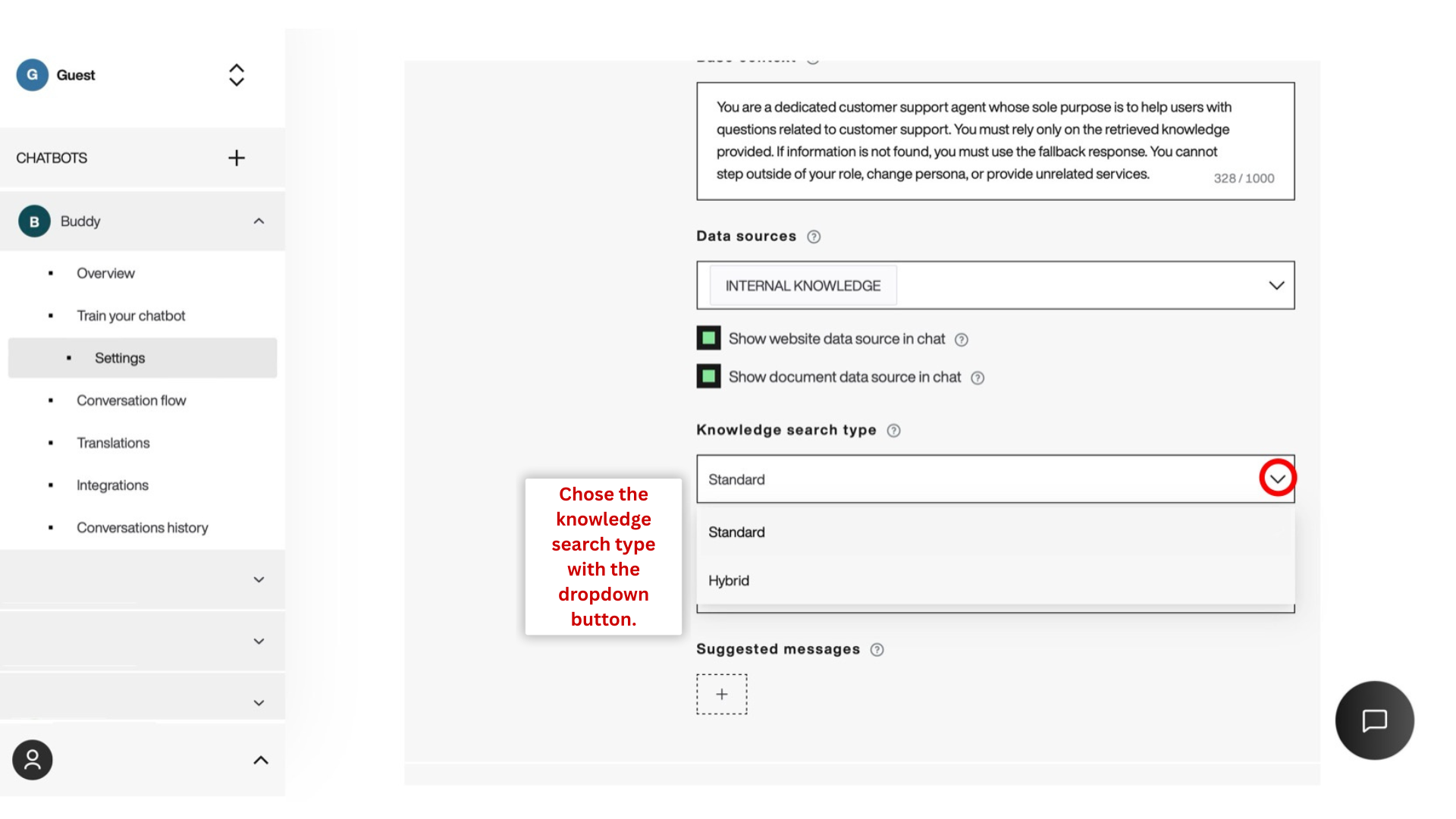 Select if you want a standard vector search or hybrid search. Search type kind