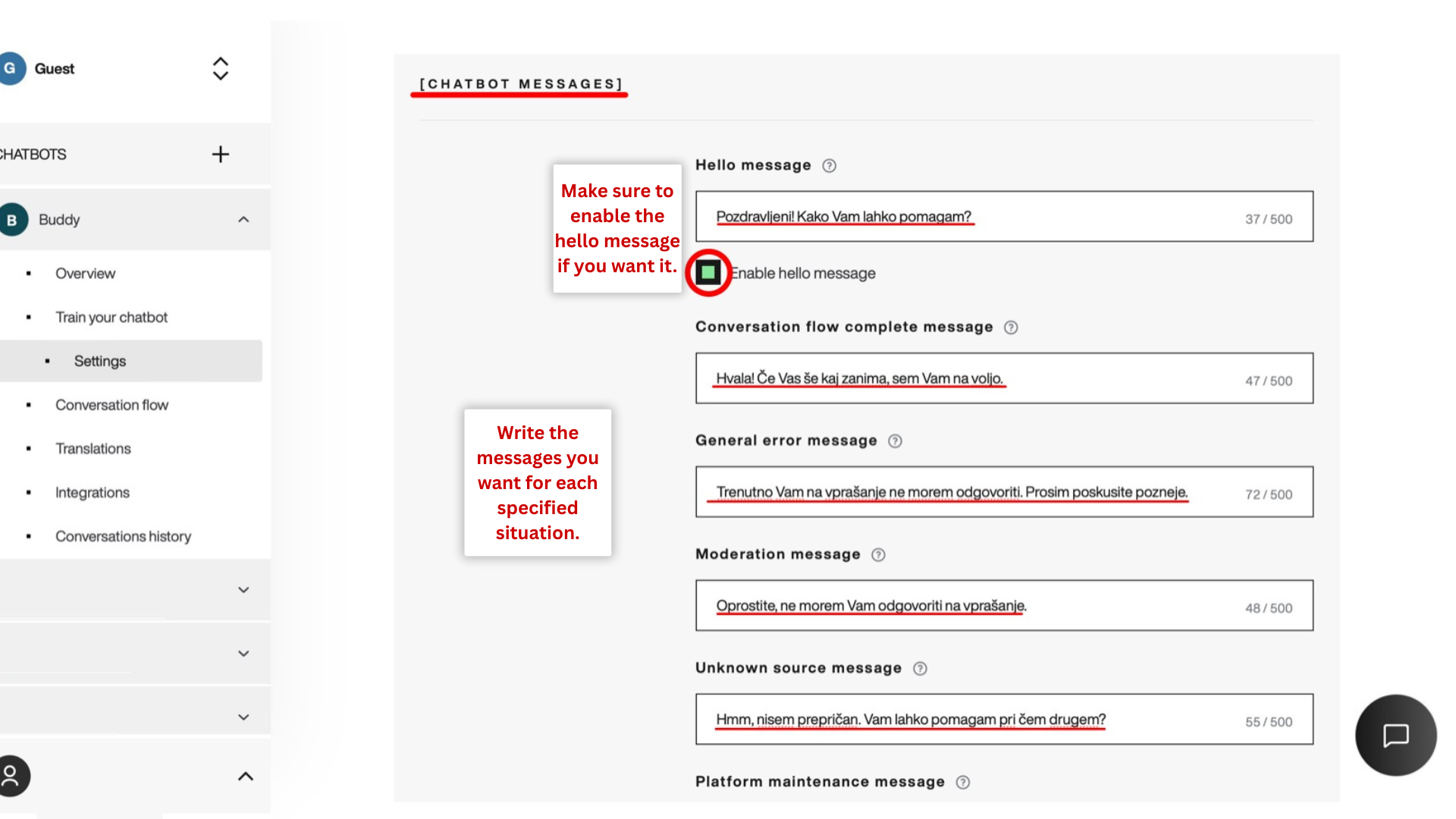 Chatbot instruction settings. Chatbot instructions