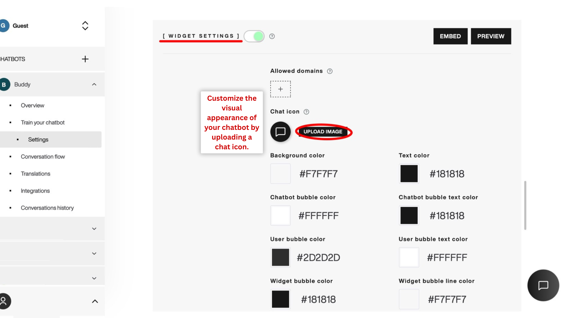 Upload chatbot image. Widget settings