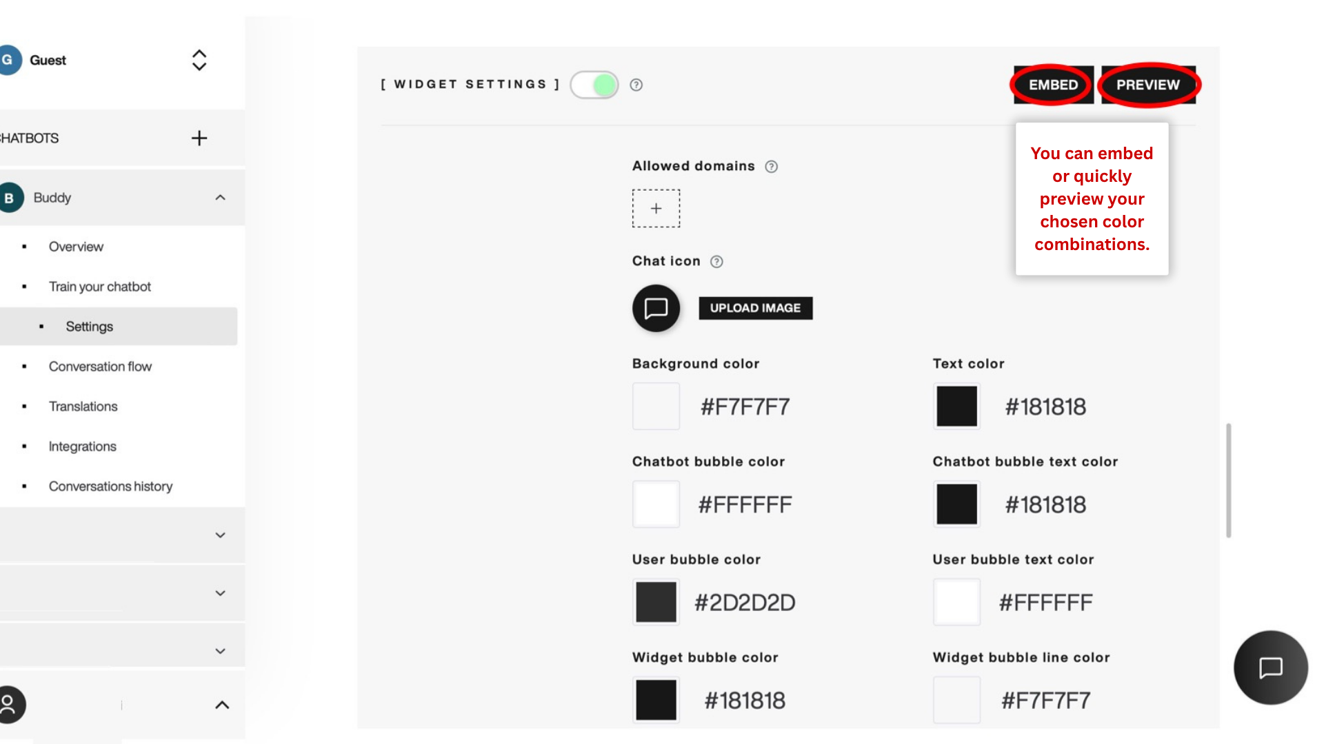 Preview your chatbot visual identity. Preview visual identity