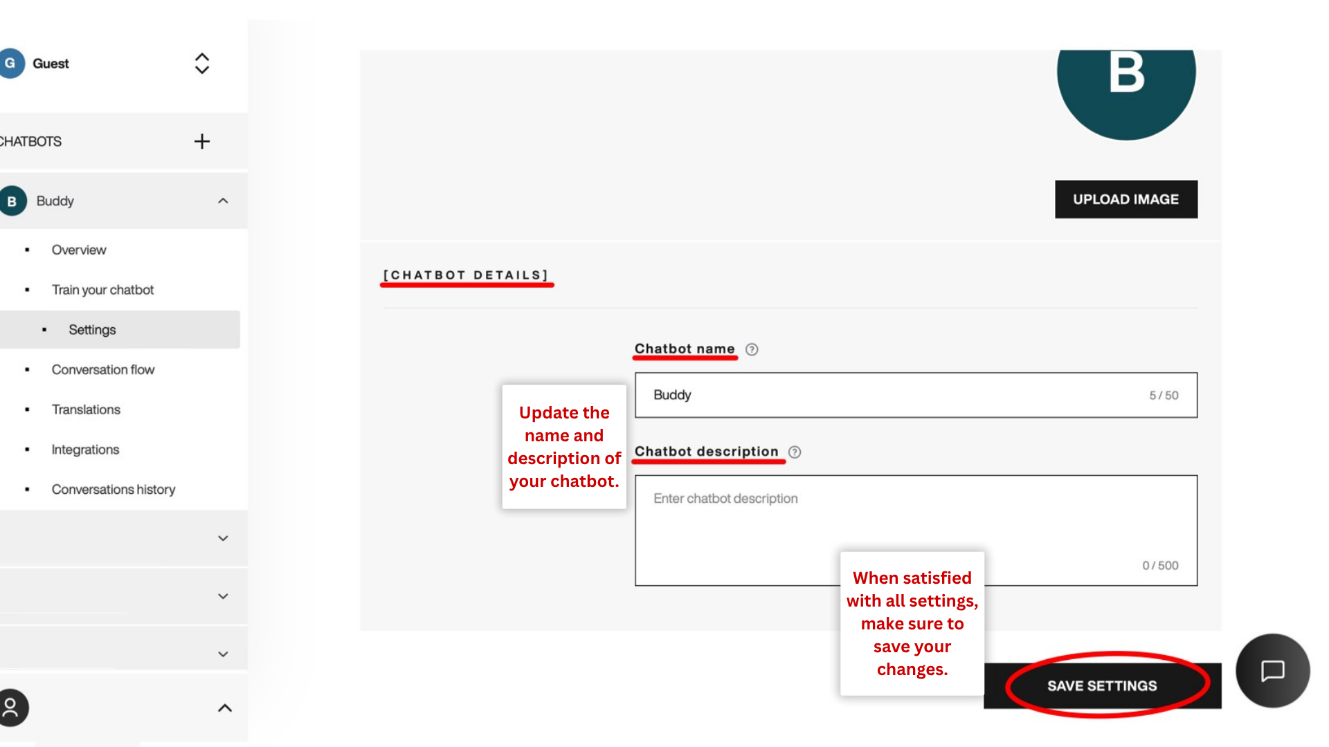 Update your chatbot details. Chatbot details