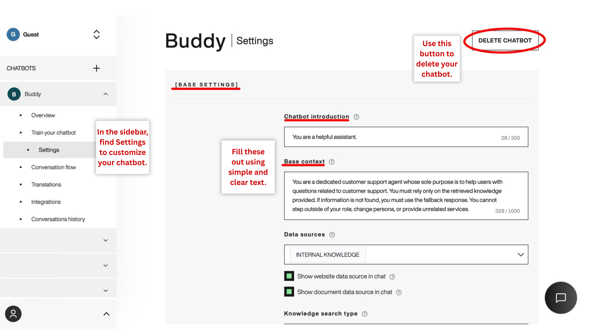 Customize your chatbot Base settings