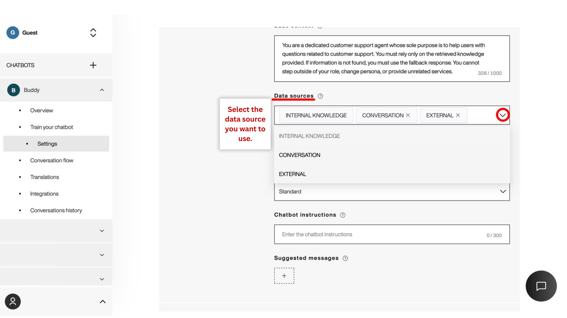 Select your data source using the drop-down button. Data sources